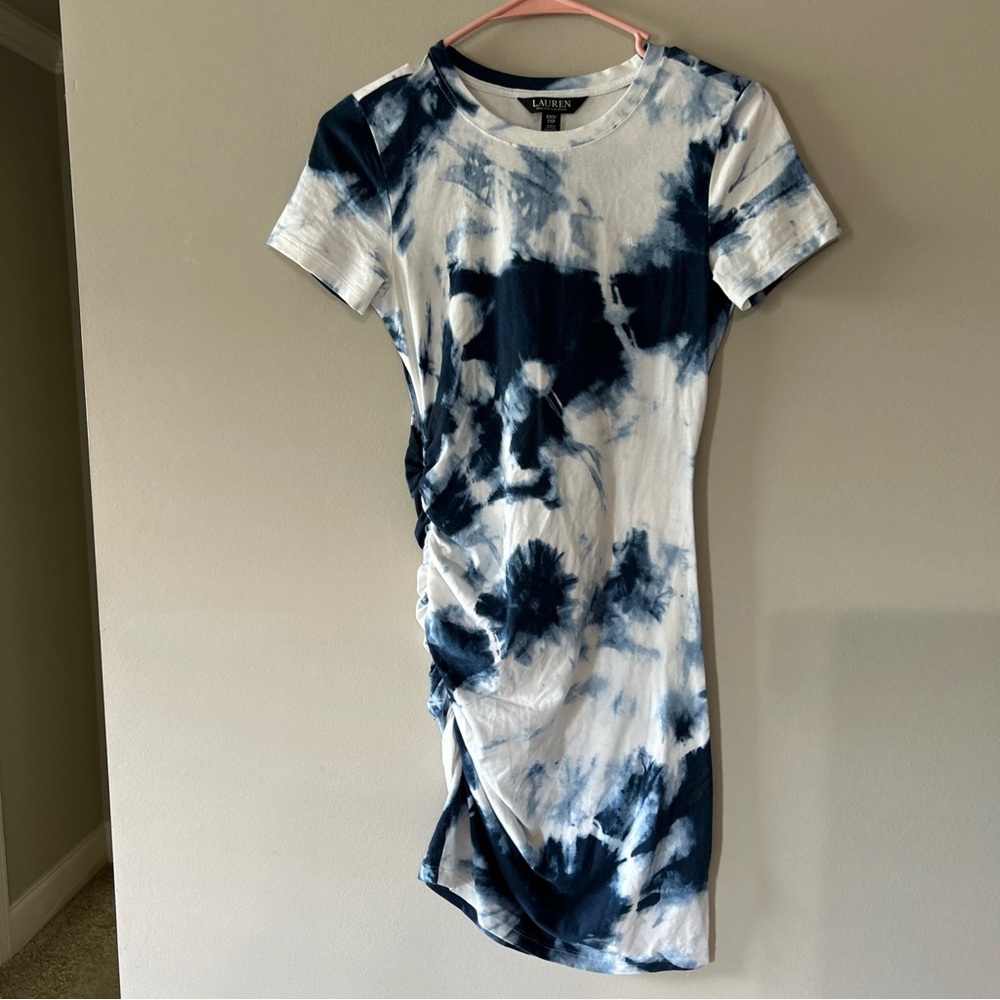 Lauren Ralph Lauren Blue and White Tie-Dye Tee Dress black label